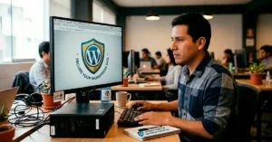 Plugins de seguridad para WordPress protegiendo un sitio web con un escudo digital