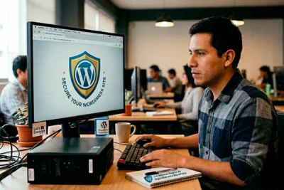 Plugins de seguridad para WordPress protegiendo un sitio web con un escudo digital