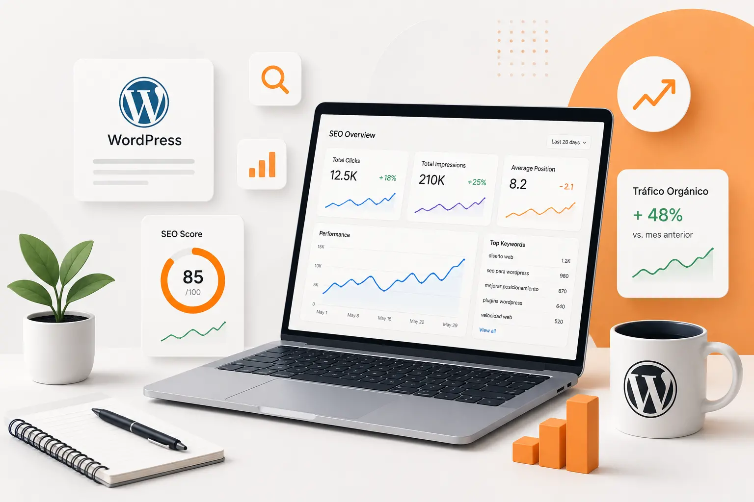 Ilustración de laptop con dashboard SEO y WordPress para diseño web y posicionamiento en Google